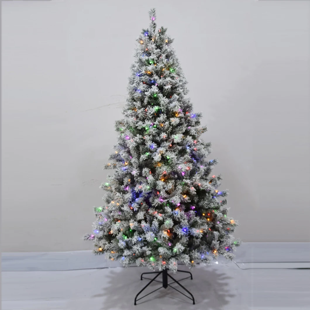 High Quality Xmas Tree Supplies 6FT/7.5FT/9FT Artificial PVC Flocked Hinged Tree with Clear Light for Christmas Outside Indoor Decorattion